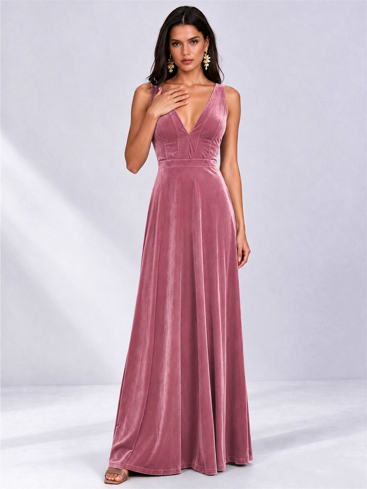 Elegant Deep V-Neck A-Line Velvet Floor-Length Wedding Guest Dress