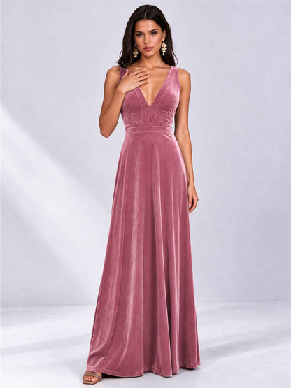 Elegant Deep V-Neck A-Line Velvet Floor-Length Wedding Guest Dress