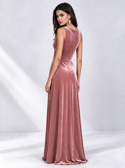 Elegant Deep V-Neck A-Line Velvet Floor-Length Wedding Guest Dress