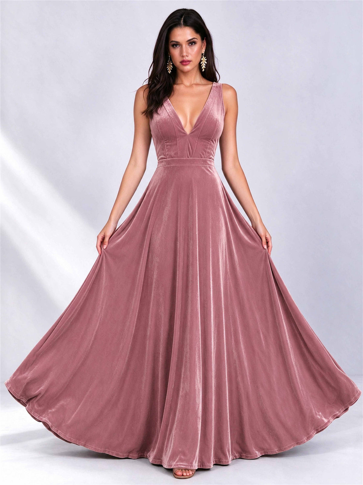 Elegant Deep V-Neck A-Line Velvet Floor-Length Wedding Guest Dress