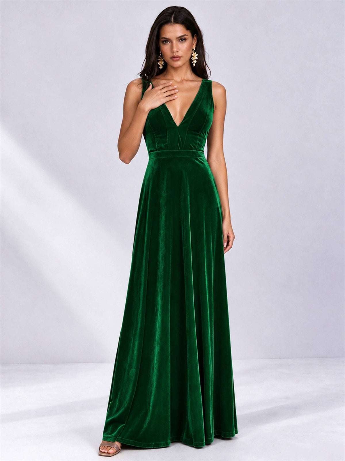 Elegant Deep V-Neck A-Line Velvet Floor-Length Wedding Guest Dress