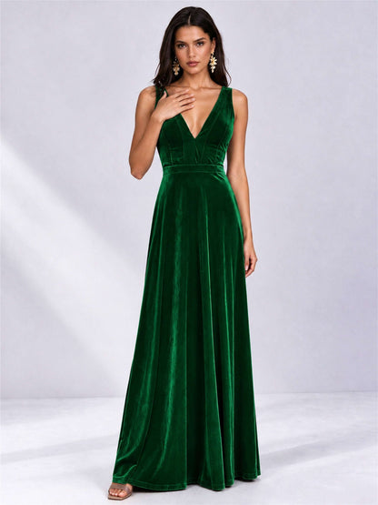 Elegant Deep V-Neck A-Line Velvet Floor-Length Wedding Guest Dress