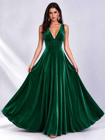 Elegant Deep V-Neck A-Line Velvet Floor-Length Wedding Guest Dress