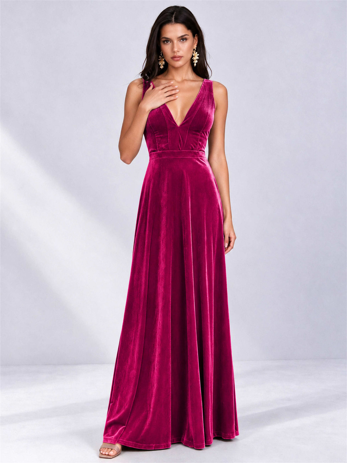 Elegant Deep V-Neck A-Line Velvet Floor-Length Wedding Guest Dress