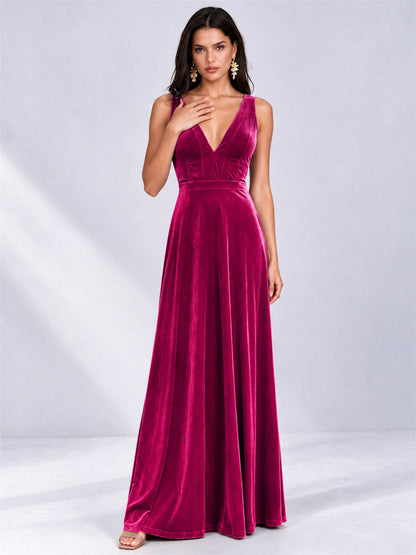 Elegant Deep V-Neck A-Line Velvet Floor-Length Wedding Guest Dress