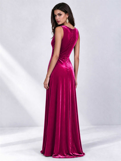 Elegant Deep V-Neck A-Line Velvet Floor-Length Wedding Guest Dress