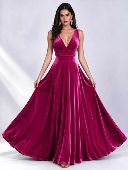 Elegant Deep V-Neck A-Line Velvet Floor-Length Wedding Guest Dress