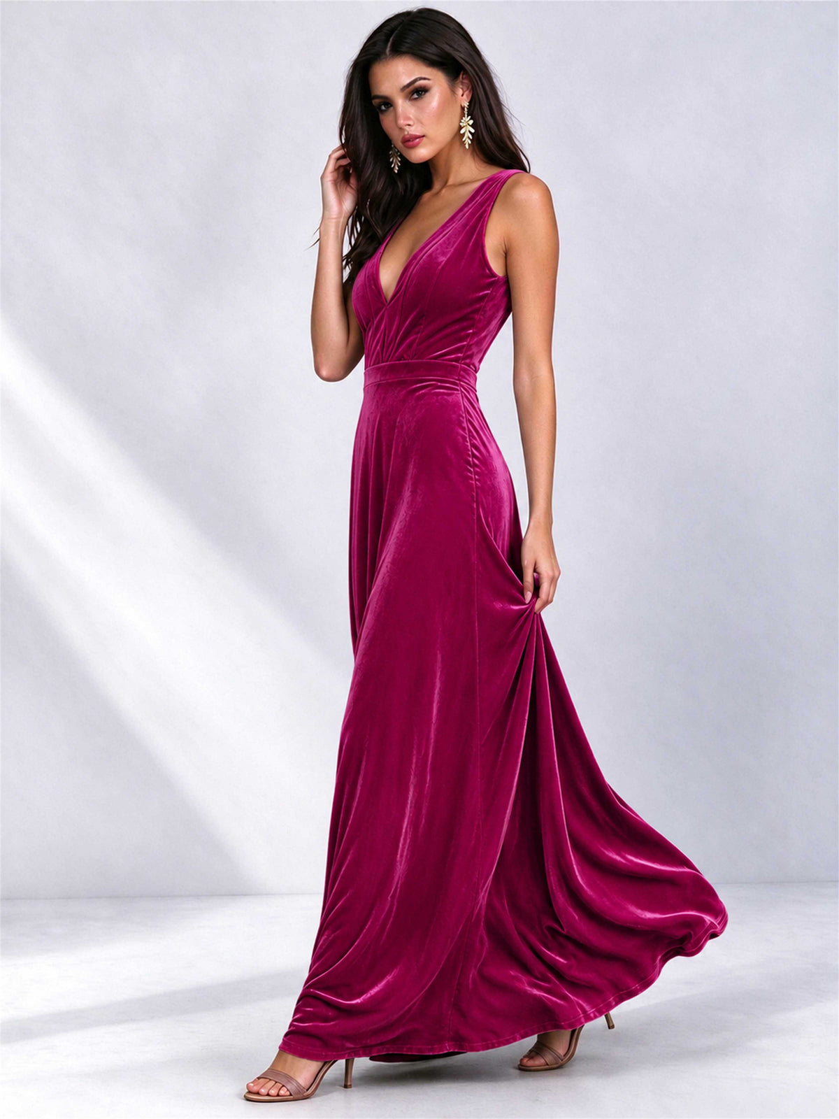 Elegant Deep V-Neck A-Line Velvet Floor-Length Wedding Guest Dress
