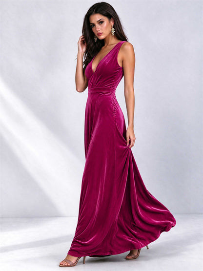Elegant Deep V-Neck A-Line Velvet Floor-Length Wedding Guest Dress