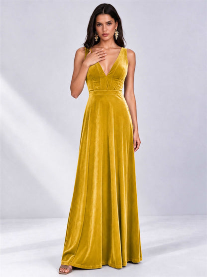 Elegant Deep V-Neck A-Line Velvet Floor-Length Wedding Guest Dress