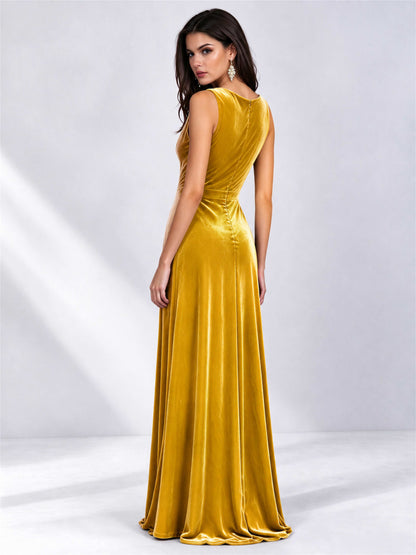Elegant Deep V-Neck A-Line Velvet Floor-Length Wedding Guest Dress
