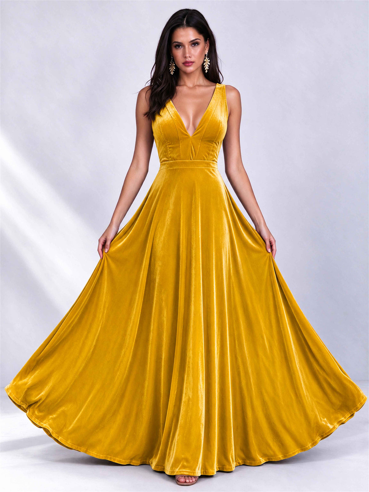 Elegant Deep V-Neck A-Line Velvet Floor-Length Wedding Guest Dress