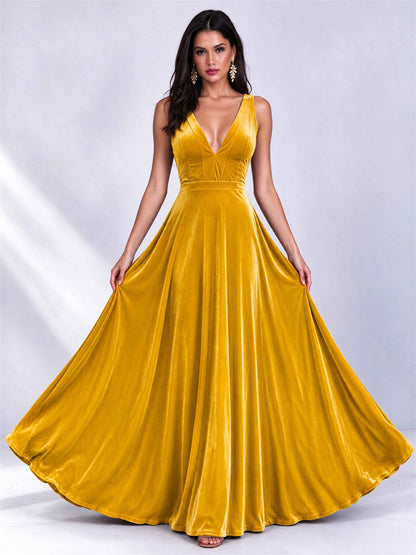 Elegant Deep V-Neck A-Line Velvet Floor-Length Wedding Guest Dress