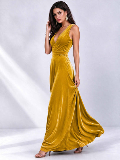 Elegant Deep V-Neck A-Line Velvet Floor-Length Wedding Guest Dress