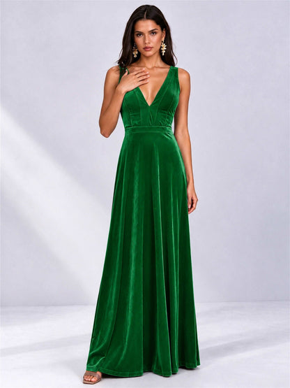 Elegant Deep V-Neck A-Line Velvet Floor-Length Wedding Guest Dress