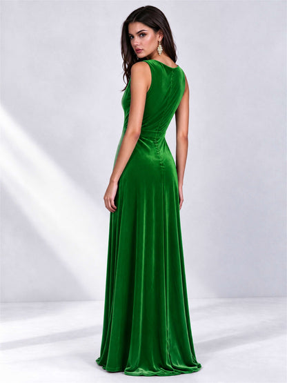 Elegant Deep V-Neck A-Line Velvet Floor-Length Wedding Guest Dress