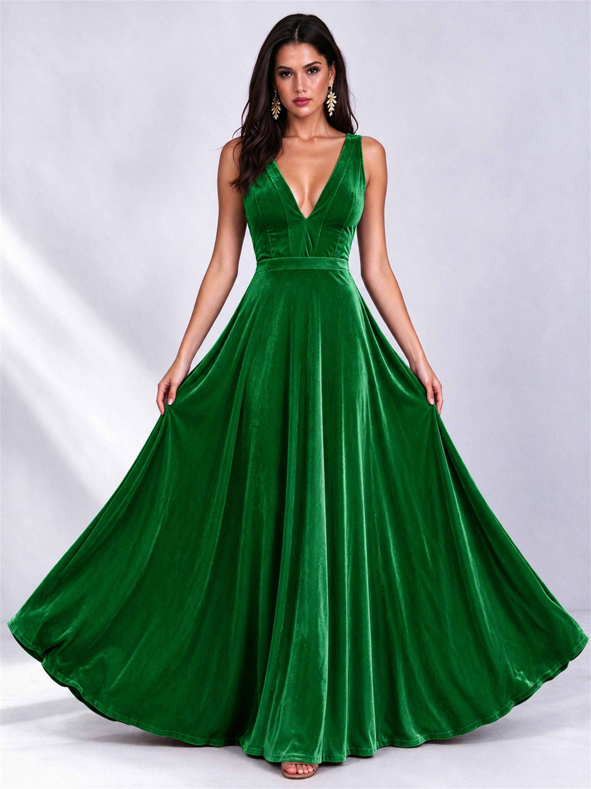 Elegant Deep V-Neck A-Line Velvet Floor-Length Wedding Guest Dress