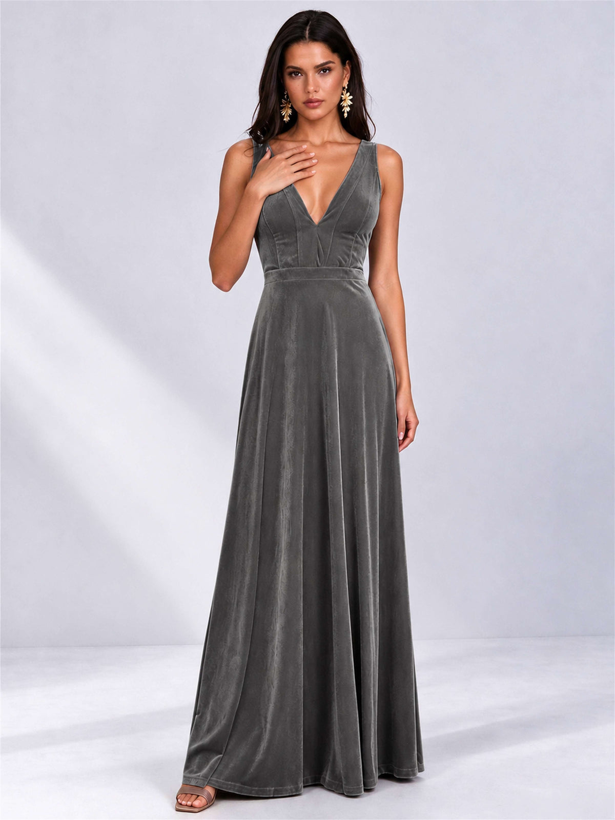 Elegant Deep V-Neck A-Line Velvet Floor-Length Wedding Guest Dress
