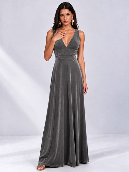 Elegant Deep V-Neck A-Line Velvet Floor-Length Wedding Guest Dress