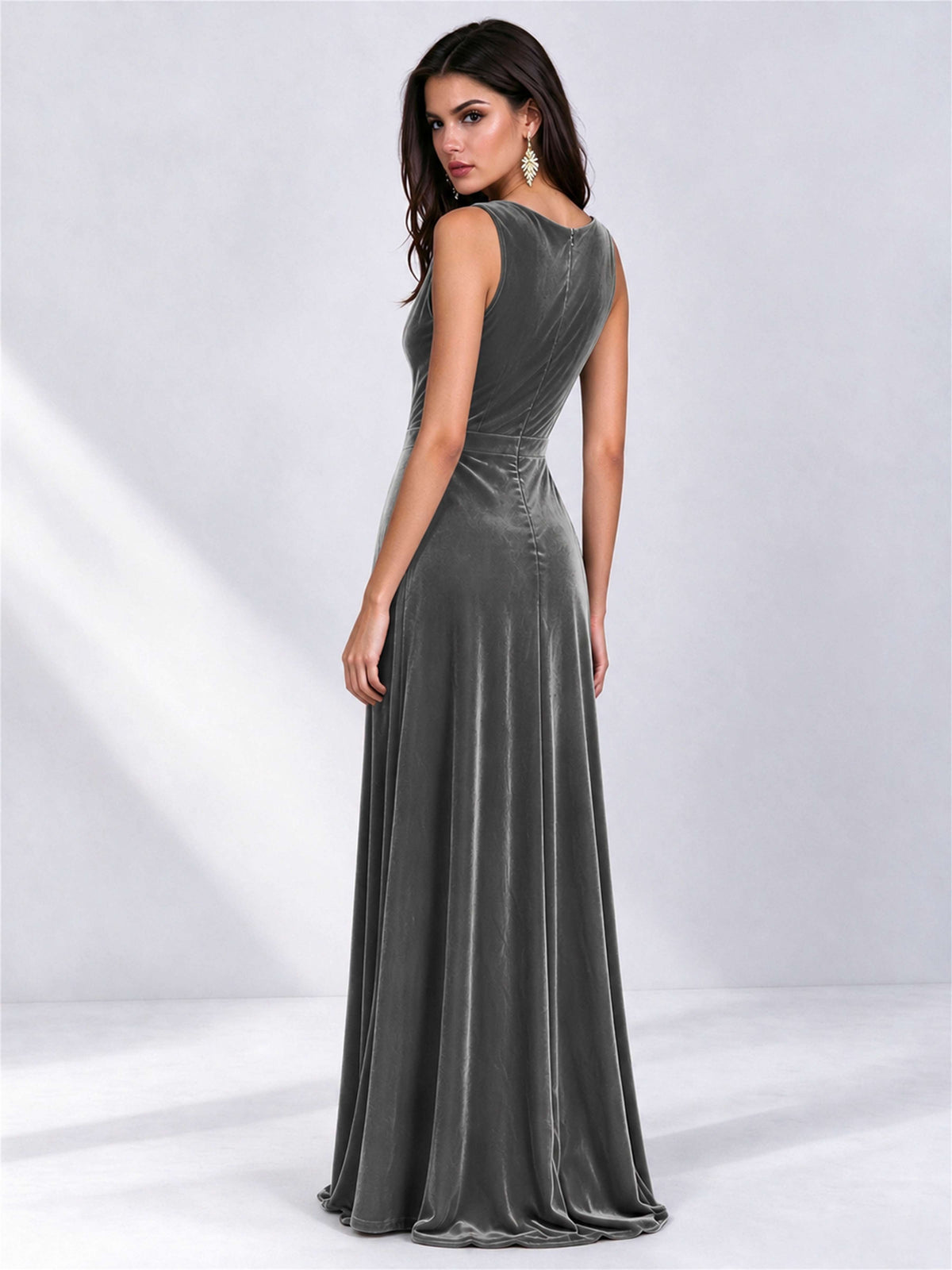 Elegant Deep V-Neck A-Line Velvet Floor-Length Wedding Guest Dress