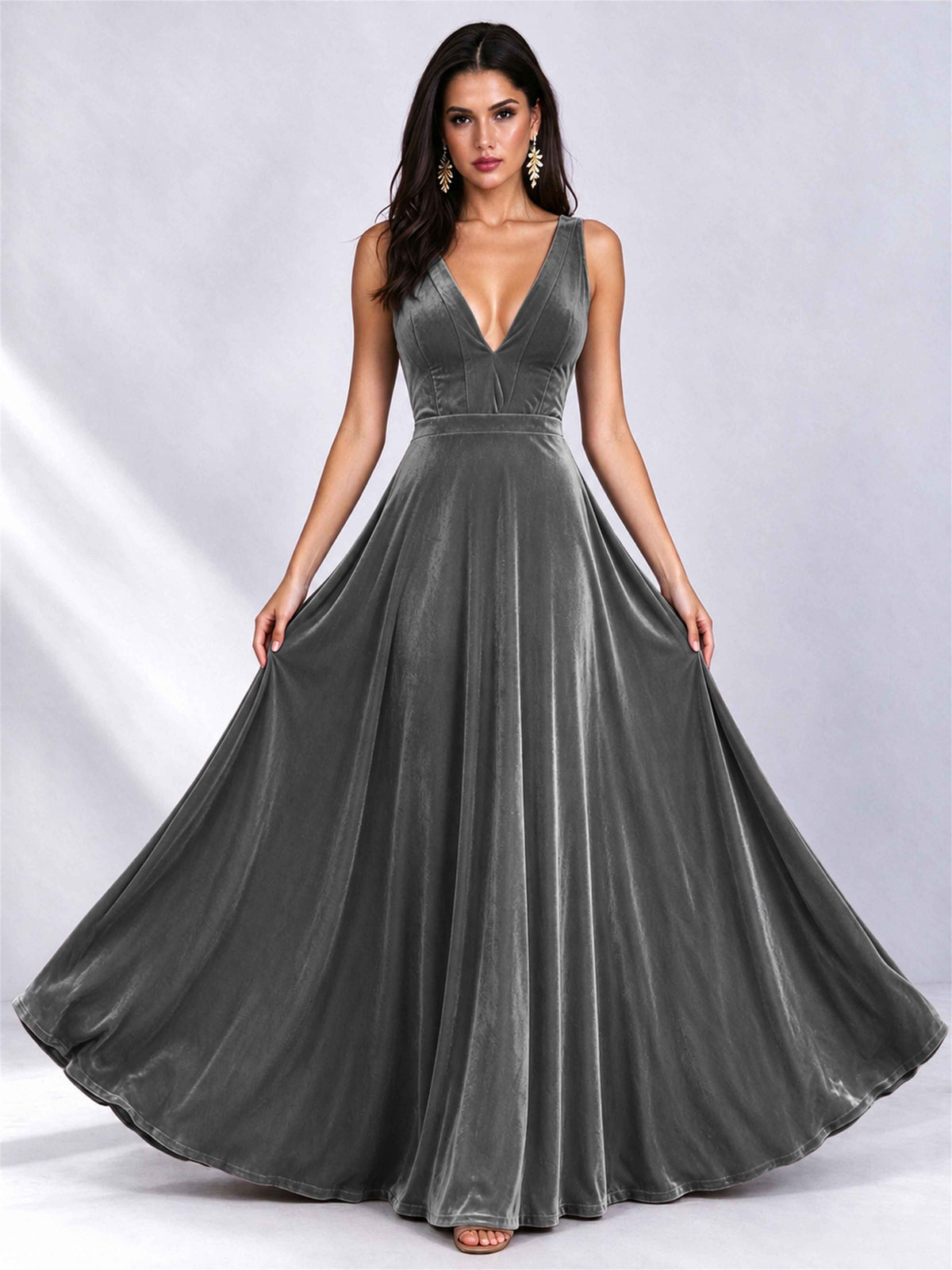 Elegant Deep V-Neck A-Line Velvet Floor-Length Wedding Guest Dress