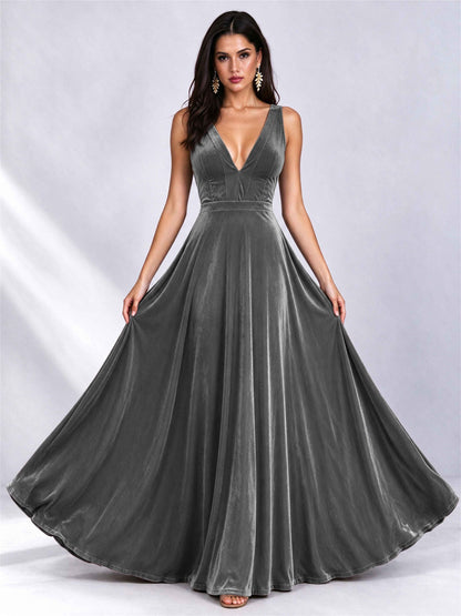 Elegant Deep V-Neck A-Line Velvet Floor-Length Wedding Guest Dress