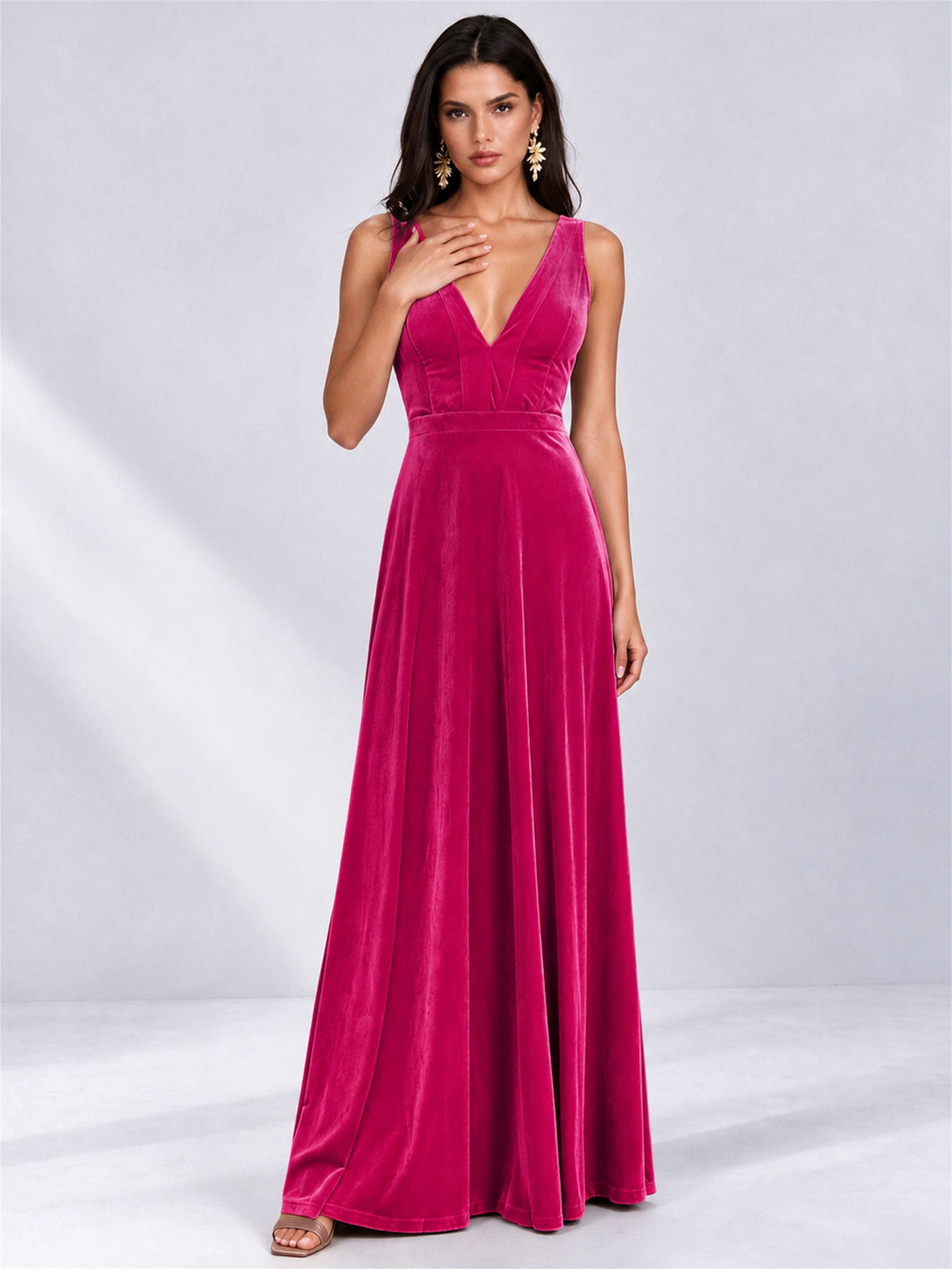 Elegant Deep V-Neck A-Line Velvet Floor-Length Wedding Guest Dress
