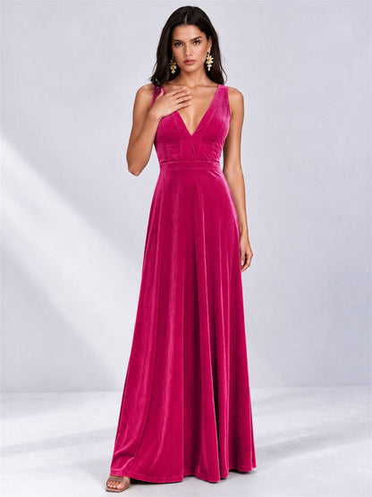 Elegant Deep V-Neck A-Line Velvet Floor-Length Wedding Guest Dress