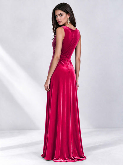 Elegant Deep V-Neck A-Line Velvet Floor-Length Wedding Guest Dress