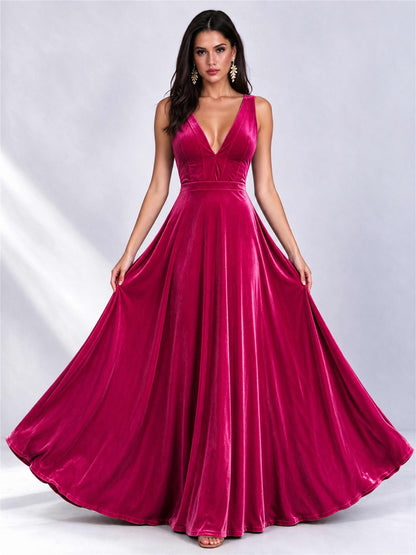 Elegant Deep V-Neck A-Line Velvet Floor-Length Wedding Guest Dress