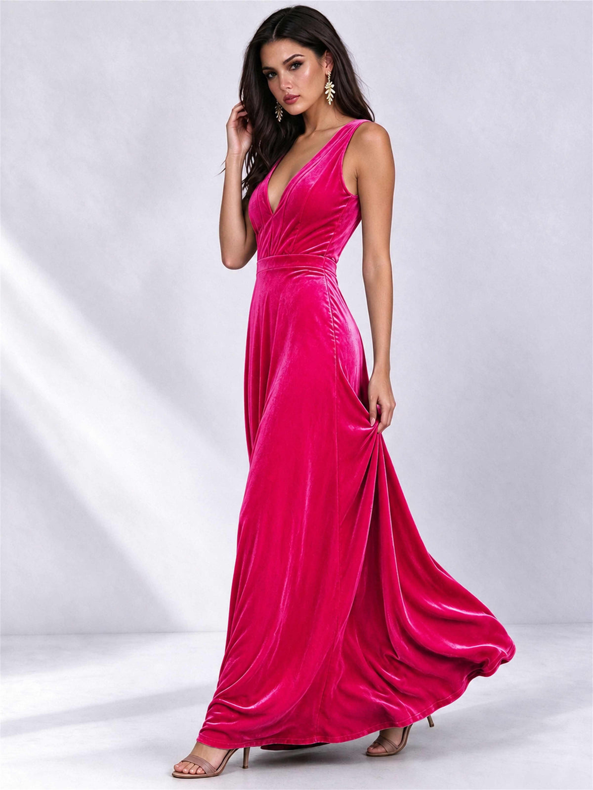 Elegant Deep V-Neck A-Line Velvet Floor-Length Wedding Guest Dress