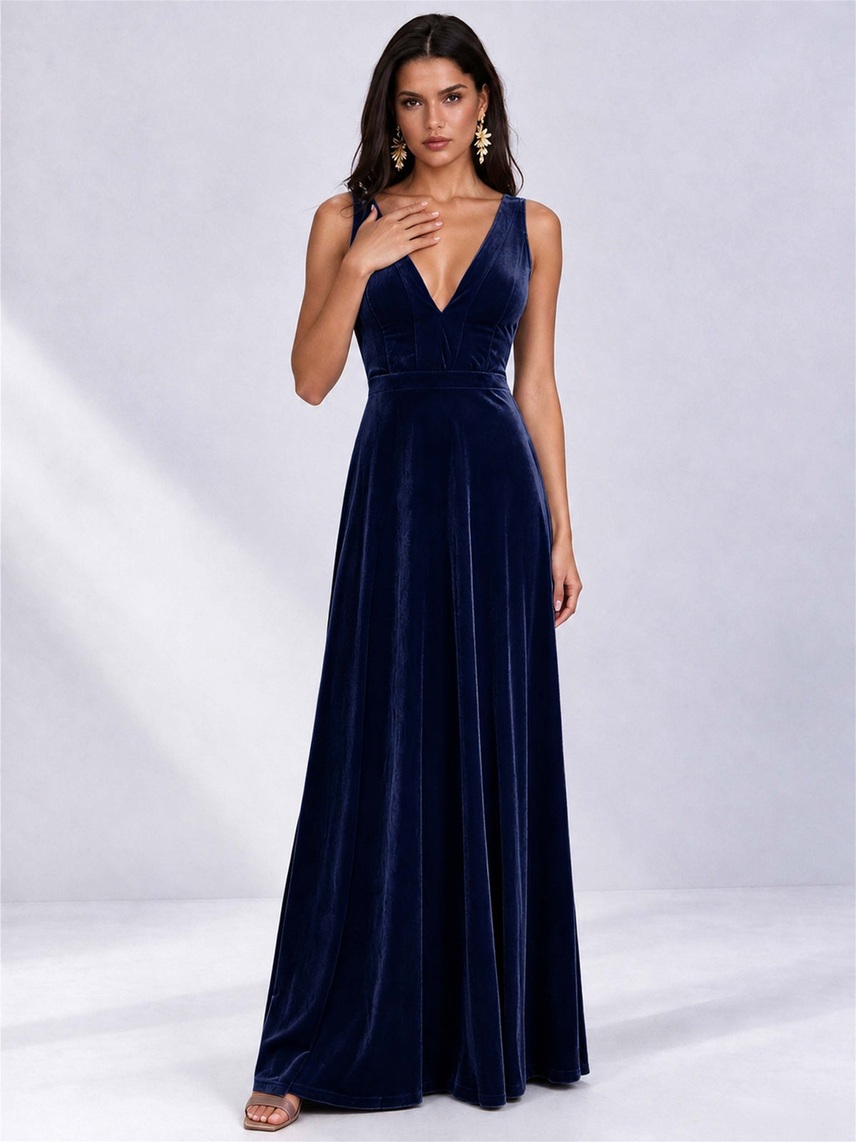 Elegant Deep V-Neck A-Line Velvet Floor-Length Wedding Guest Dress