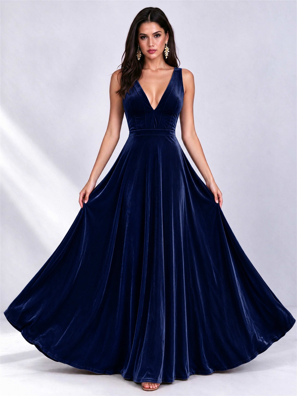 Elegant Deep V-Neck A-Line Velvet Floor-Length Wedding Guest Dress