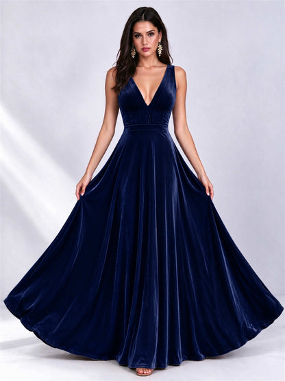 Elegant Deep V-Neck A-Line Velvet Floor-Length Wedding Guest Dress