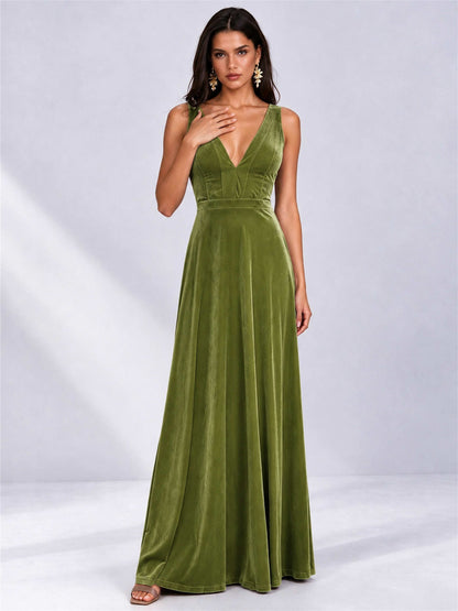 Elegant Deep V-Neck A-Line Velvet Floor-Length Wedding Guest Dress