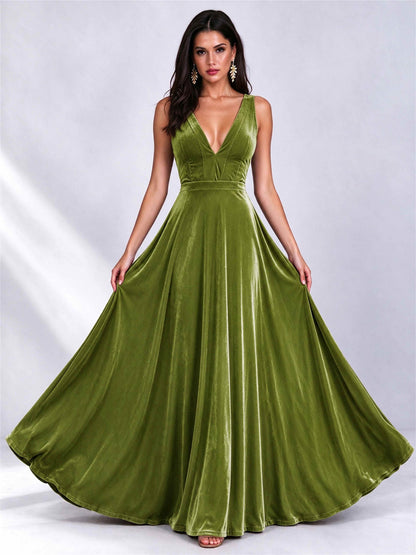 Elegant Deep V-Neck A-Line Velvet Floor-Length Wedding Guest Dress