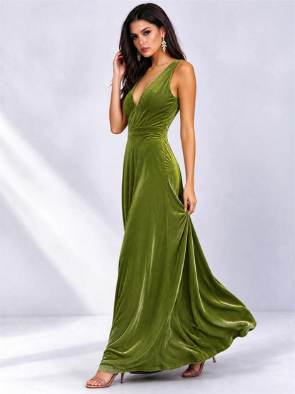 Elegant Deep V-Neck A-Line Velvet Floor-Length Wedding Guest Dress