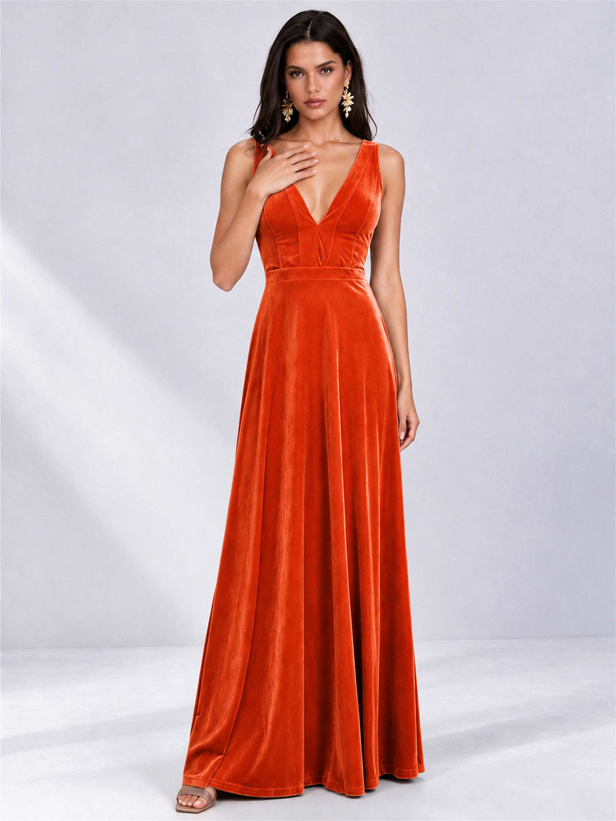 Elegant Deep V-Neck A-Line Velvet Floor-Length Wedding Guest Dress