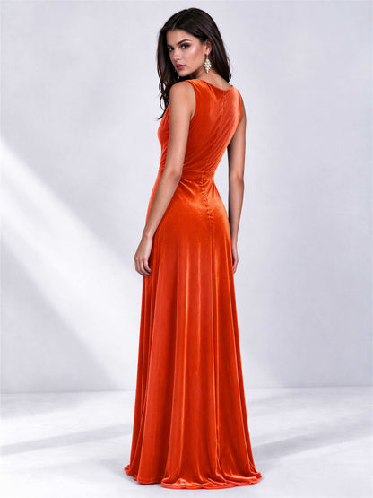 Elegant Deep V-Neck A-Line Velvet Floor-Length Wedding Guest Dress