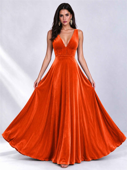 Elegant Deep V-Neck A-Line Velvet Floor-Length Wedding Guest Dress