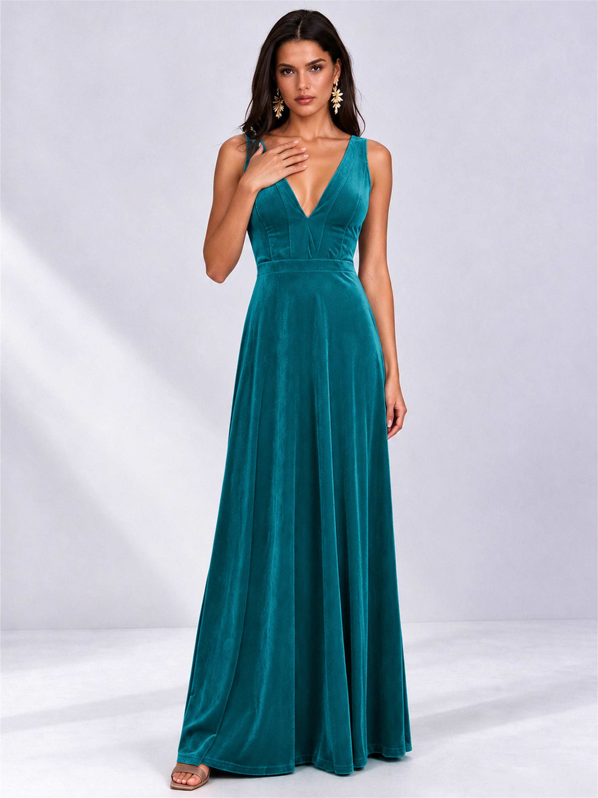 Elegant Deep V-Neck A-Line Velvet Floor-Length Wedding Guest Dress