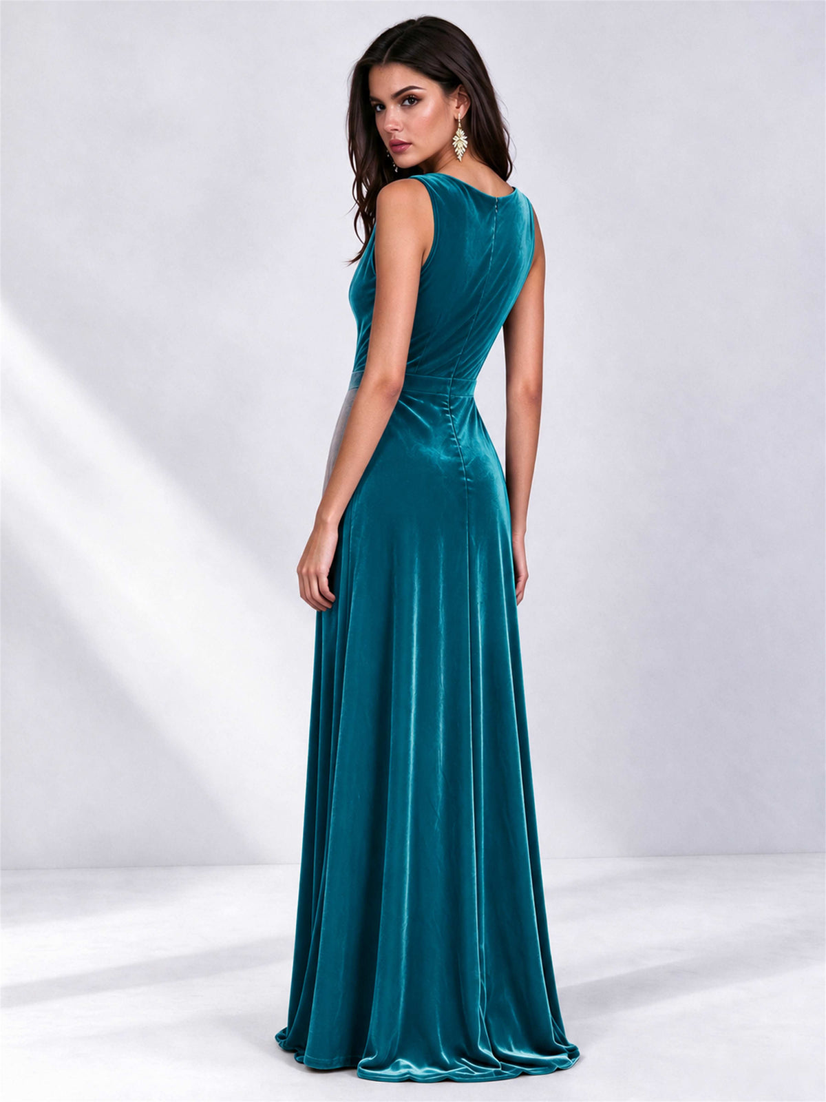 Elegant Deep V-Neck A-Line Velvet Floor-Length Wedding Guest Dress