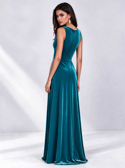 Elegant Deep V-Neck A-Line Velvet Floor-Length Wedding Guest Dress