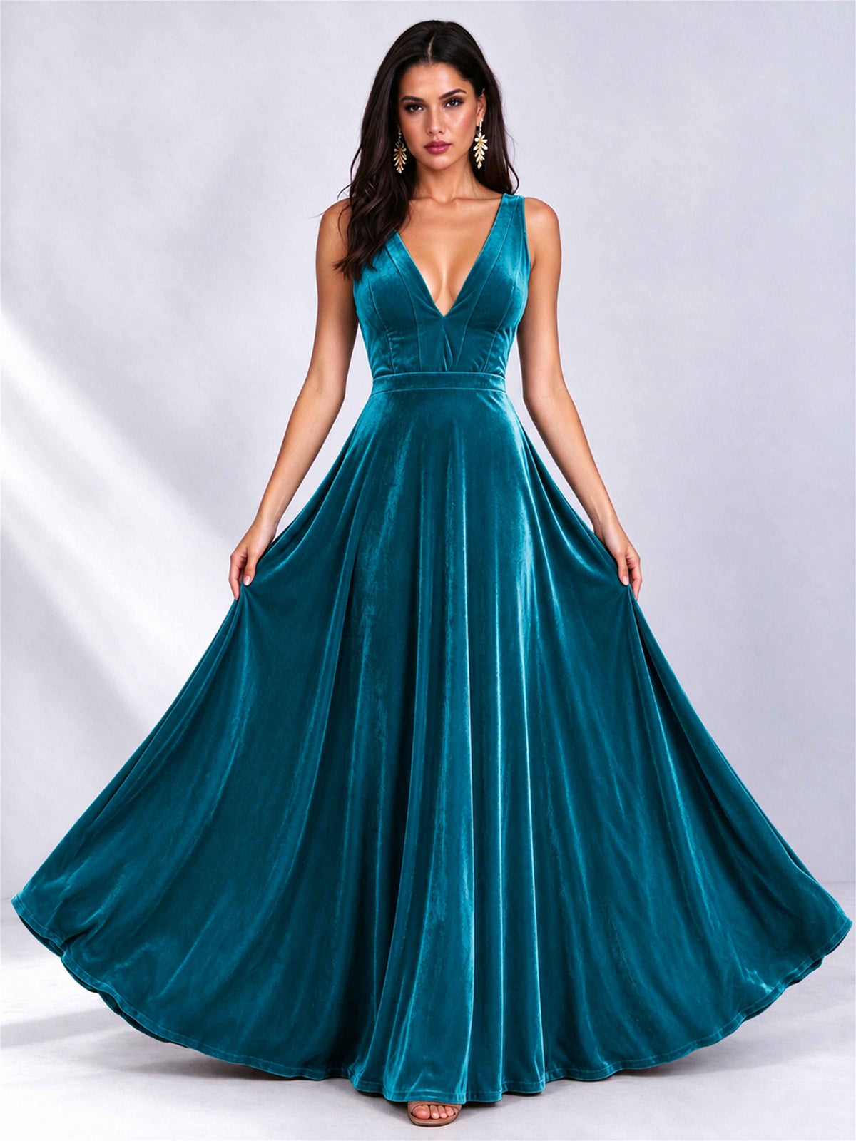 Elegant Deep V-Neck A-Line Velvet Floor-Length Wedding Guest Dress