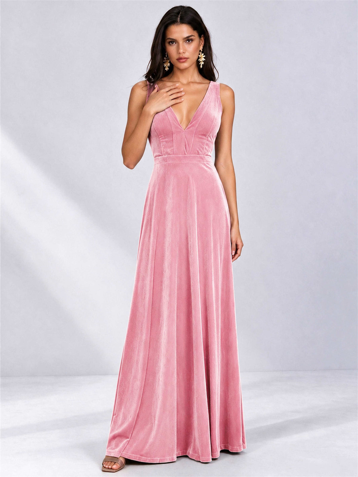 Elegant Deep V-Neck A-Line Velvet Floor-Length Wedding Guest Dress