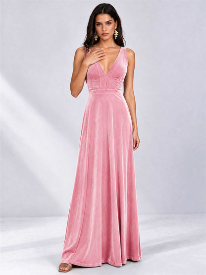Elegant Deep V-Neck A-Line Velvet Floor-Length Wedding Guest Dress