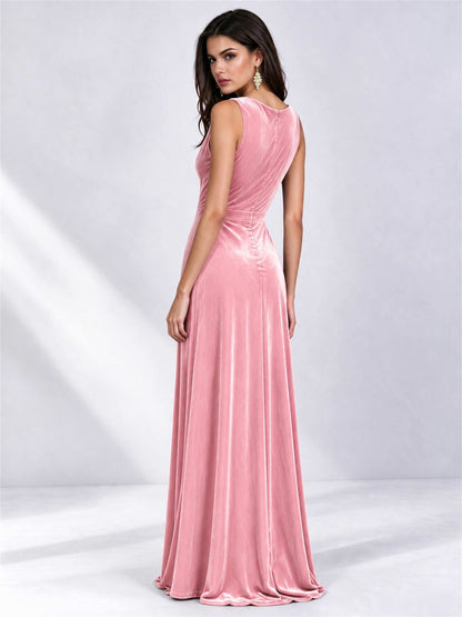 Elegant Deep V-Neck A-Line Velvet Floor-Length Wedding Guest Dress