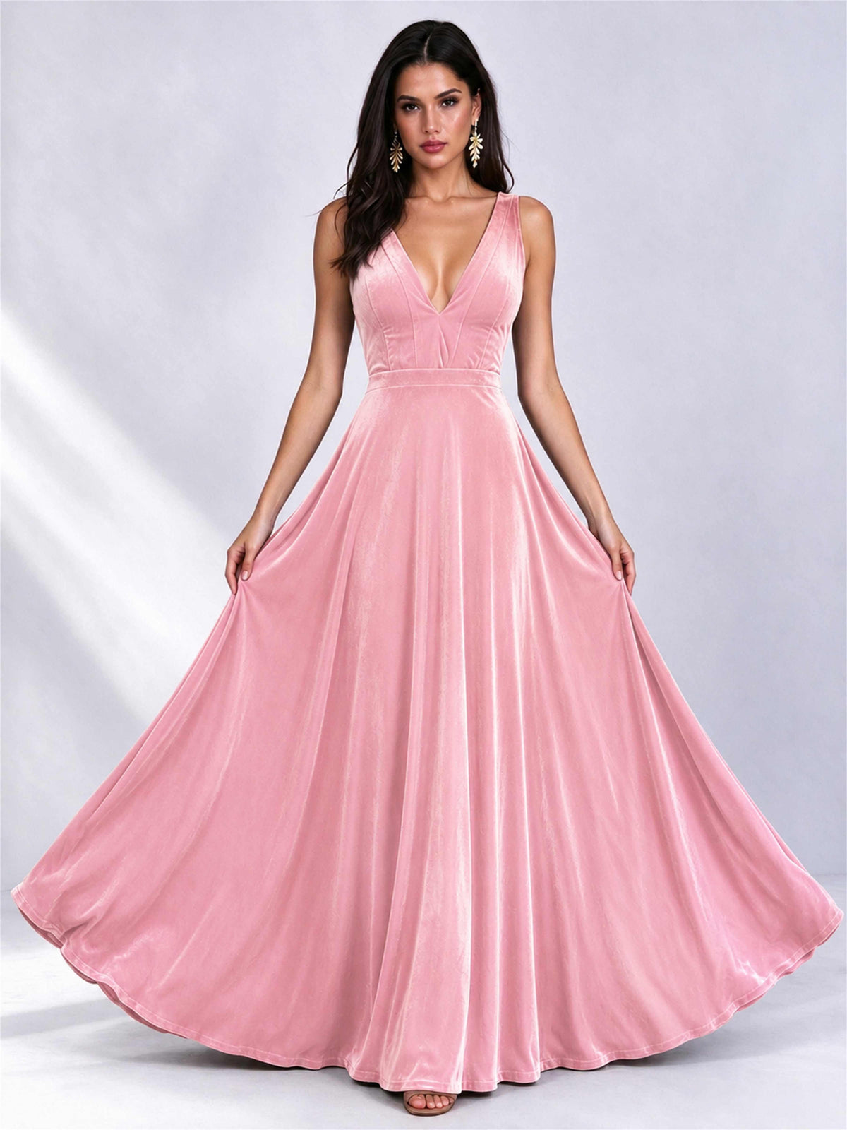 Elegant Deep V-Neck A-Line Velvet Floor-Length Wedding Guest Dress