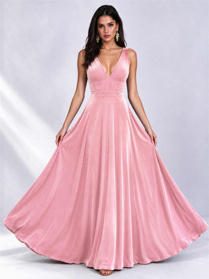 Elegant Deep V-Neck A-Line Velvet Floor-Length Wedding Guest Dress