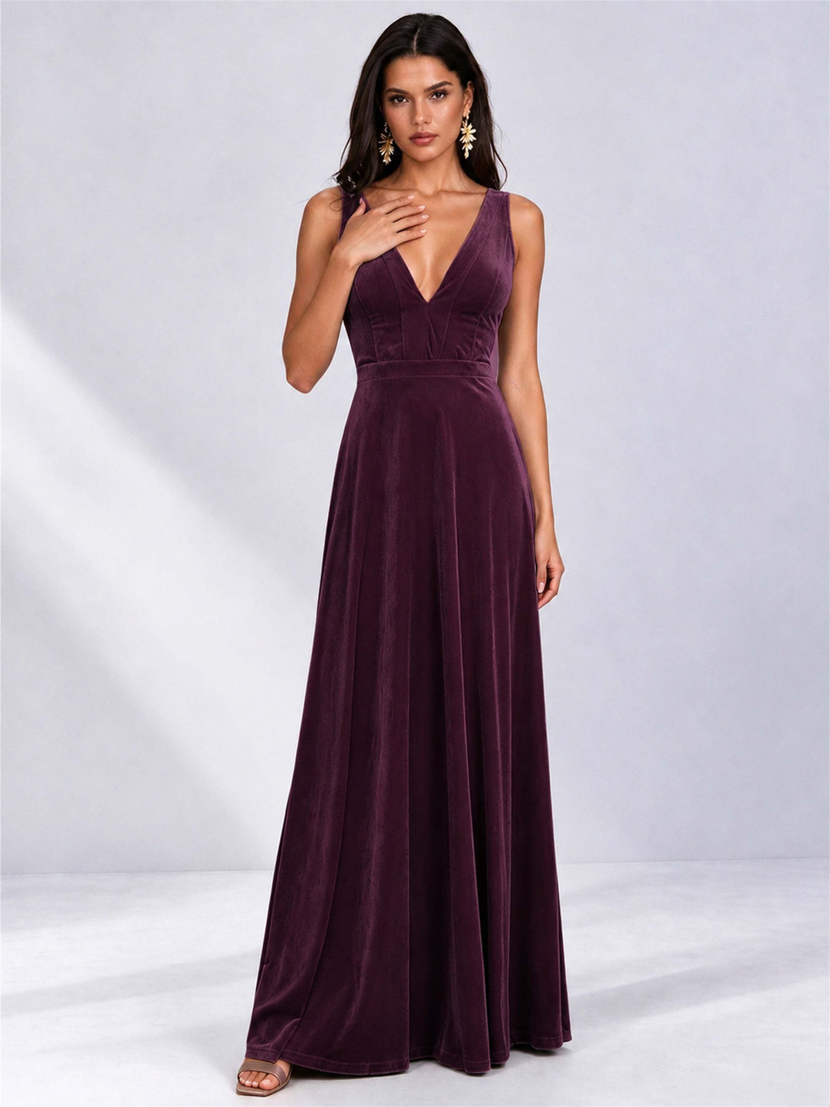 Elegant Deep V-Neck A-Line Velvet Floor-Length Wedding Guest Dress